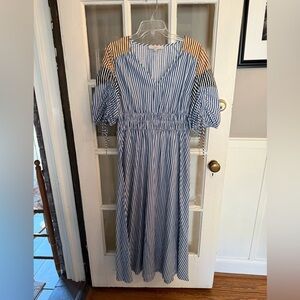 LOFT Blue and Tan Striped Long Sleeve Dress M